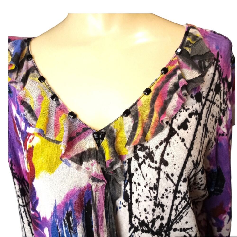 ALBERTO MAKALI Abstract Multi-Color Ruffled  Knit Top XL - Picture 3 of 6